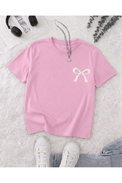 KOZİA OUTDOORS Women's Minimal Bow Print Crew Neck Oversized T-Shirt