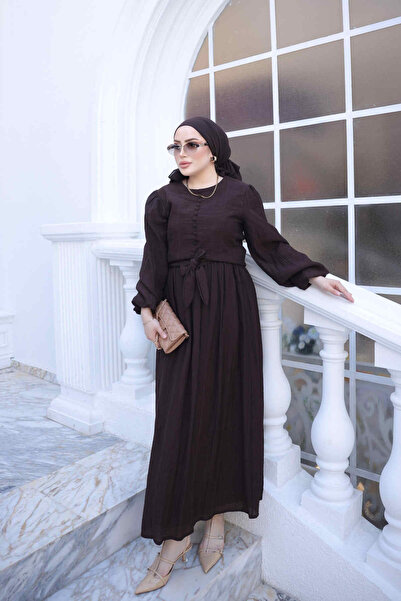 İmajButik Καφέ Σετ Πουκάμισο-Φούστα με Δέσιμο μπροστά