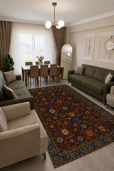 VOPTEKS Vinatge Bordo Halı Salon Halısı Makinede Yıkanabilir Kaymaz Taban Halı