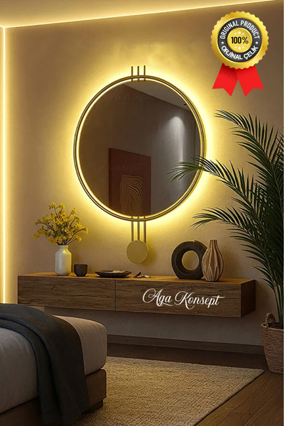 AGA KONSEPT Led Li Amedi Ayna Gold Rengi XL Büyük Boy Cm Dekoratif Hol Korido...