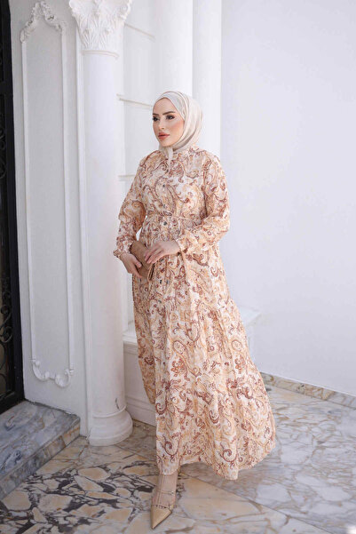 İmajButik Bej Yarım Düğmeli Kol Lastikli Eteği Katlı Elbise