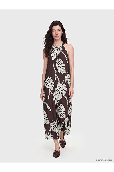 LC Waikiki Lcw Comfort Brown Halter Neck Patterned Pleated Dress