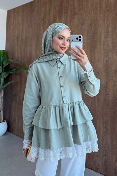 Şulemoda Giyim Leya košulja sa čipkastim detaljima, tunika, mint boja