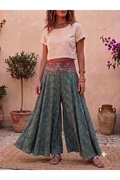 AYASOFYA OTANTIK Women's Indian Elastic Waist Ethnic Patterned Silk Trousers ...