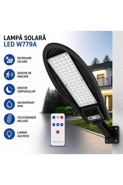 ASMXX Lampă Solară LED Exterior W779A cu Telecomandă, 260 LED SMD (65x4), Senzor de Mișcare și Lumină, 3 Moduri de Iluminare, Panou Solar Integrat, IP66 Waterproof, Lumină Alb Rece 6000K, ABS, Negru