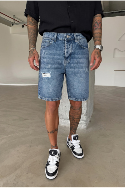 MADZEYMODA Men's Ripped Detailed Blue Denim Jean Shorts Ke-1201