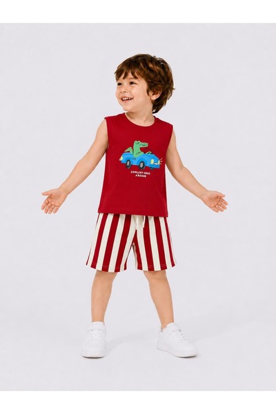 Patriko Boys' Car and Dinosaur Printed Sleeveless Summer T-Shirt Shorts Set 3...