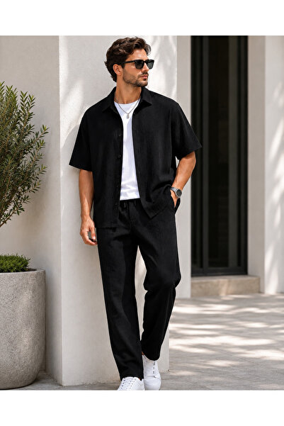 Moda Minimo Men's Wrinkled Shirt Pants Set Summer Short Sleeve Shirt Pants 2-...