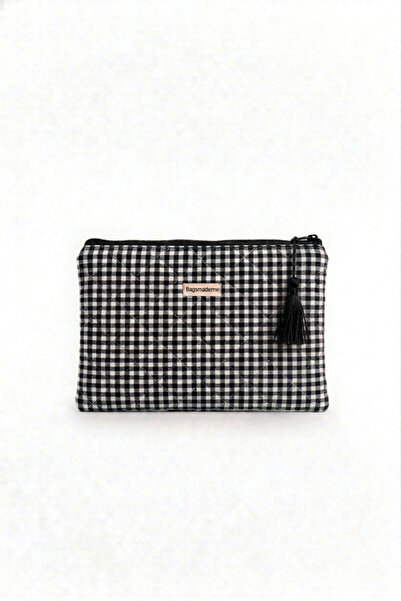 BagsMadame Black Gingham Patterned Single Compartment Zippered Clutch Portfol...