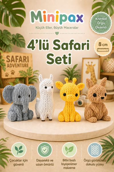 Makerpax Minipax Örgü Desenli 4’lü Safari Hayvan Figür Seti 8 cm Fil Lama Zür...