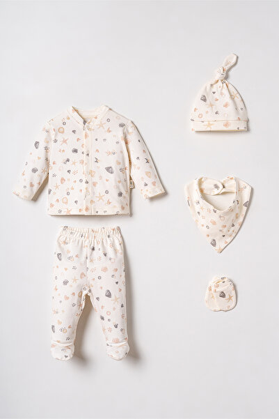 Mini Cotton Yenidoğan %100 Pamuk Hastane Çıkış Takımı 5'li - Zıbın, Tulum, Şa...