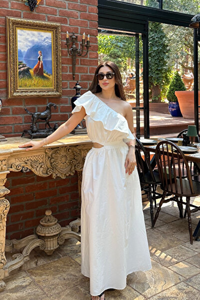 Aslı Asya Women's White Dress with Ruffle Detail and Pockets