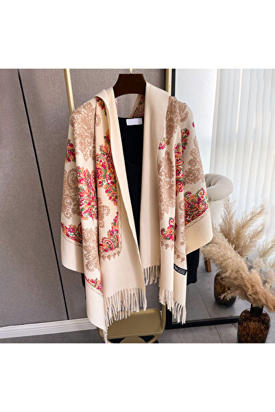 choice2 Beige Winter Warm Cashmere Scarf for Women Embroidery Pashmina Blanke...