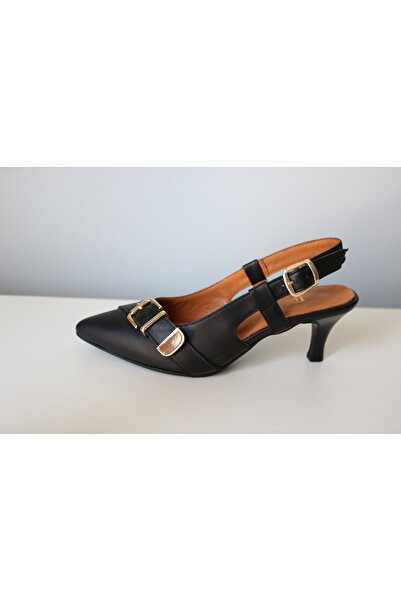 Hakiki Deri Siyah Gold Tokalı Kemerli Slingback Topuklu Ayakkabı