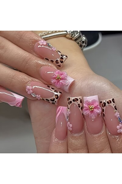 Choice AFG719 24pcs Handmade 3D Water Drop Flower Fake Nails with Leopard Pri...