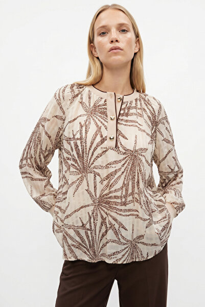 Exquise Button Detailed Patterned Crew Neck Long Sleeve Regular Blouse
