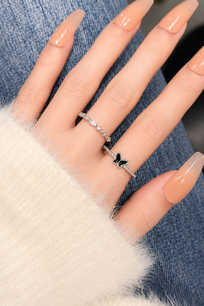TREND COLLECTİON Black Butterfly Detailed Stone 2-Piece Adjustable Women's Ri...