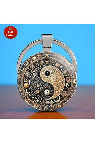 Choice Golden Unique Chinese Style Keychain Unisex 2D Flat Yin Yang Eight Tri...