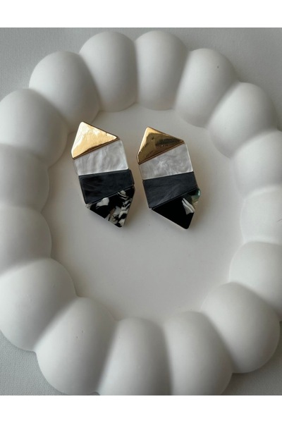 shika Retro Cubic Design Gold Earrings - Black and White Gradient Minimalist Earrings