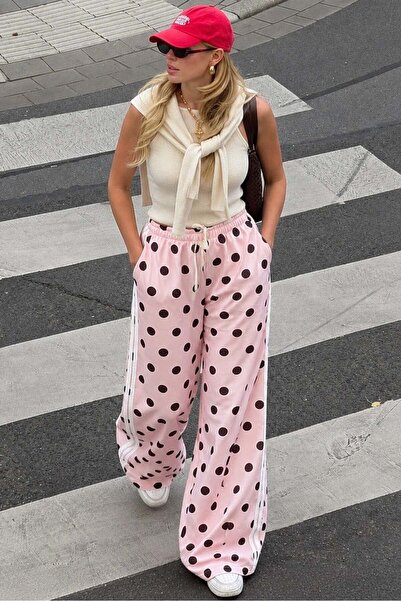 Madmext Pink Polka Dot Side Striped Wide Leg Women's Sweatpants Mg2860