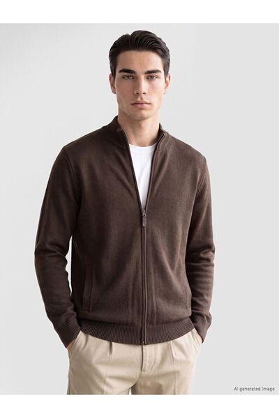 LC Waikiki Lcwaikiki Classic Brown High Collar Men's Knitwear Cardigan