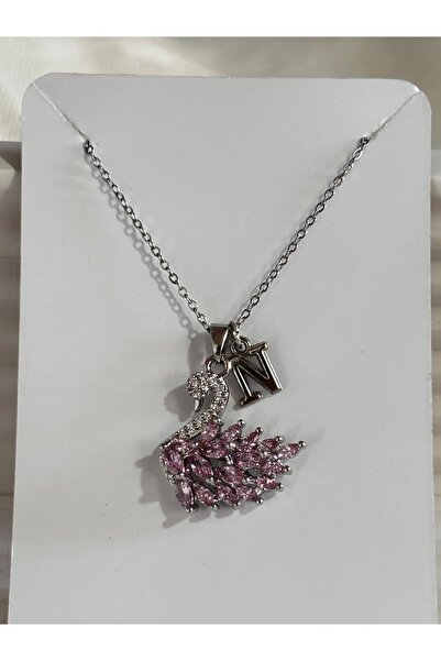 bijoux uniques 316L Steel Pink Zircon Stone Swan N Letter Necklace