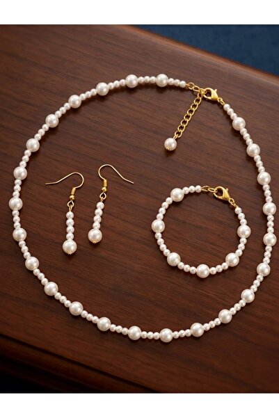 Shiklik 3-Piece White Color Pearl Women's Jewelry Set Earrings, Necklace, Bra...