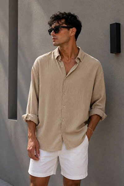 MADZEYMODA Men's Aerobin Fabric Long Sleeve Beige Shirt Ls-13035