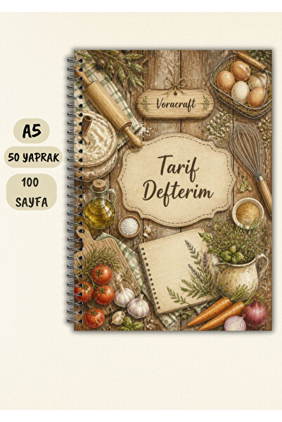 VORACRAFT Yemek Tarif Defteri, 50 Yaprak /100 Sayfa, A5 / Tel Spiral TRF0025