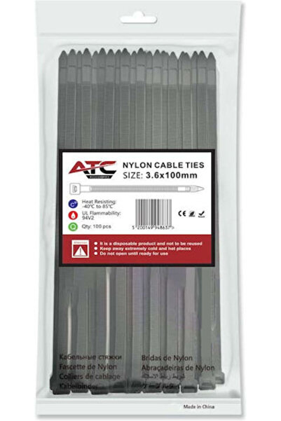 ATC Πλαστικά δεματικά καλωδίων 100mm x 3.6mm σε μαύρο χρώμα 100 τεμάχια 20.00...