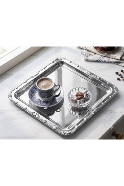 SEVA ÇELİK Stainless Steel Square 1 Piece Silver Patterned Tea Coffee Present...