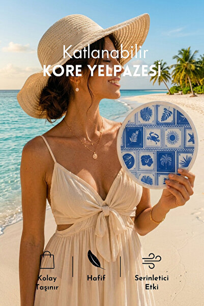 Bimotif Katlanabilir Kore Yelpazesi, 25cm Çantalı Kolay Taşınabilir Serinleti...