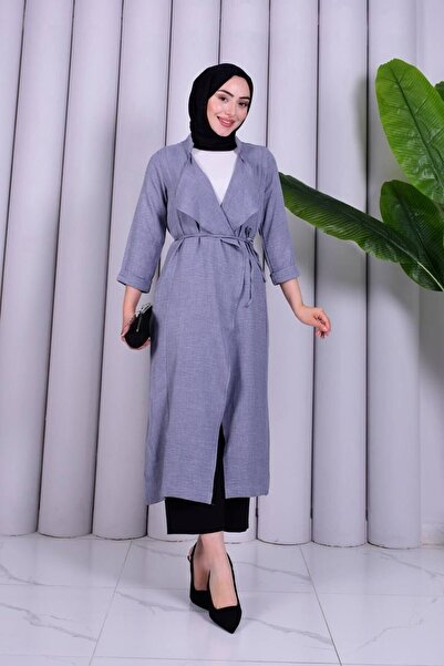 YAZGI MODA YAZGIMODA Şık Tasarım Kuşaklı Uzun Gri Tunik