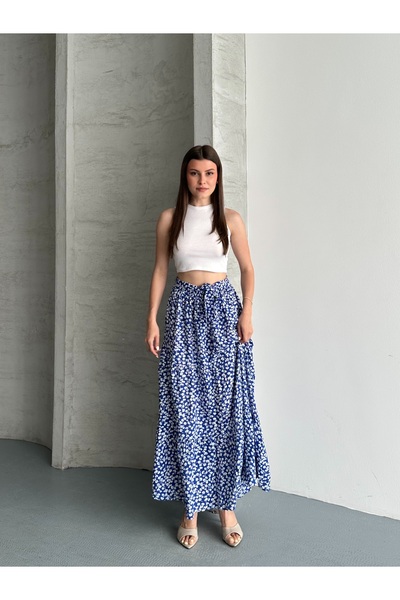 REELMODA Women's Skirt with Elastic Waist and Belt, Drawn-Strapped Cotton, Gonca Pattern, Stylish Summer Skirt