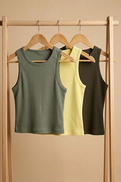 COTENCONCEPT 3 Pieces of Ribbed Fitted Viscose Blended Strappy T-Shirt