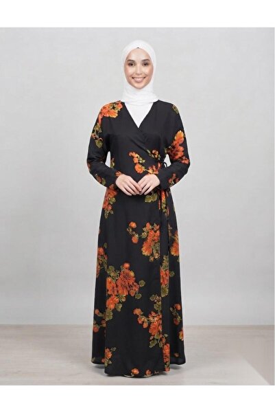 Sedef Moda Evi Hijab Prayer Dress Mother Floral Patterned Black Orange