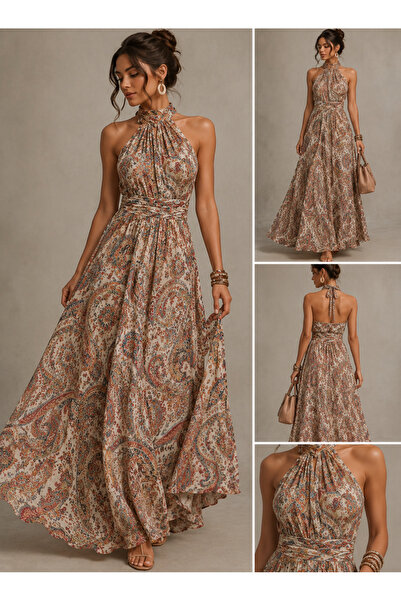 Store Desenli Halter Yaka Kuşaklı Bohem Maxi Elbise
