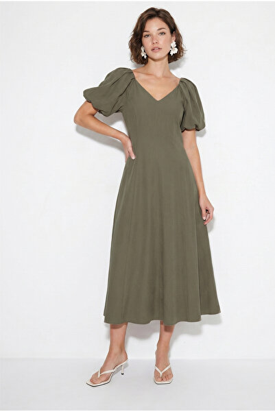 Bianco Lucci Women's V-Neck Waist Fitted Balloon Sleeve Midi Modal Dress 2796...