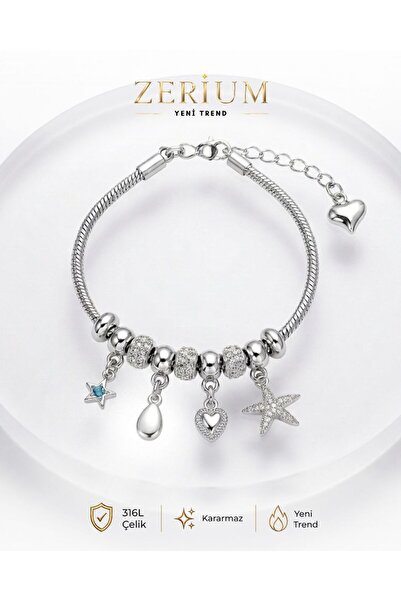 ZERİUM Women's Silver Color Steel Bracelet with Dangle Sea Star Charm