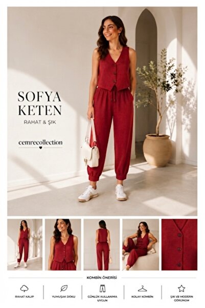 Cemre Collection Sofya keten yelek ve pantolon takımı