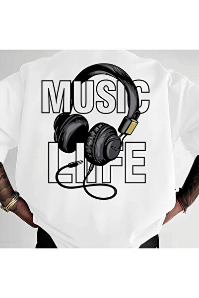 NOURAM تي شيرت عصري بطباعة رسمية لسماعات الرأس - طباعة حروف "MUSIC"، مناسب لل...
