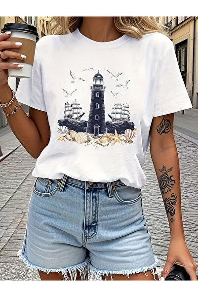 23 nisan Lighthouse, Seagull, and Ship Pattern Navy Blue Geometric Design, Ma...