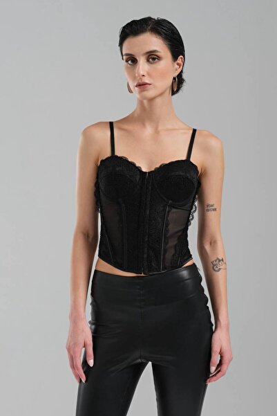 tw3 Women's lace-trimmed corset blouse with tie-back design