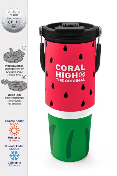 Coral High Kids Red Green Watermelon Patterned Thermos with Straw and Direct ...