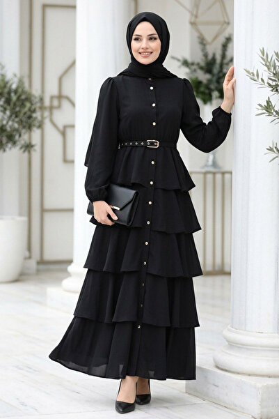 Neva Style Rochie neagră cu detaliu stratificat din crep, importată, stil Hij...