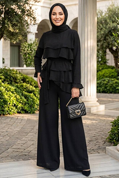 Neva Style Τούλι Μοντάλ Μαύρο Χιτζάμπ με βολάν Διπλό Σετ 95728S