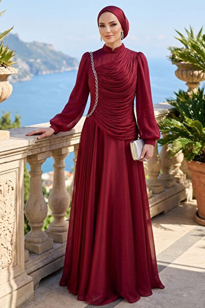 N.S NEVA STYLE Işıltılı Bordo Drapeli Tesettür Abiye 57091BR