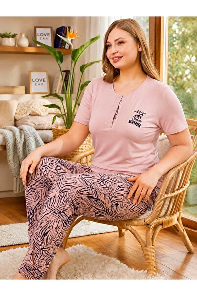 pijamacity Kadın Pudra Yaprak Desenli Kısa Kollu Bisiklet Yaka Düğmeli Pijama...