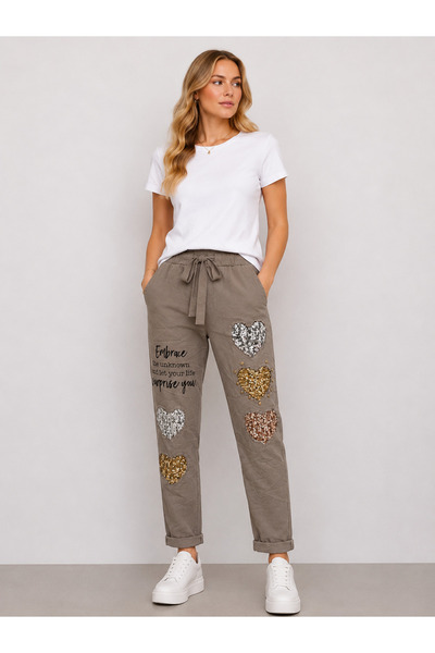 Sibel Günay Butik Mink Italian Lycra Sequin Heart Detailed Jogger Pants |   W...