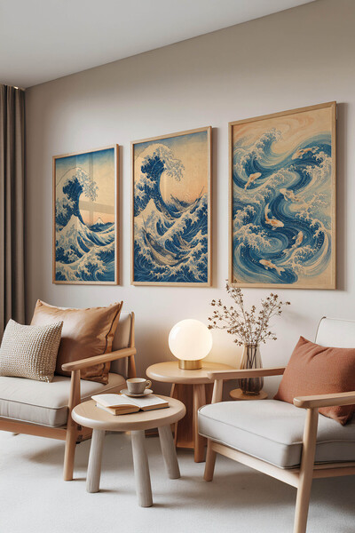Zestia Set de 3 tablouri cu rame din lemn, ilustrație Hokusai Marele Val, Set...